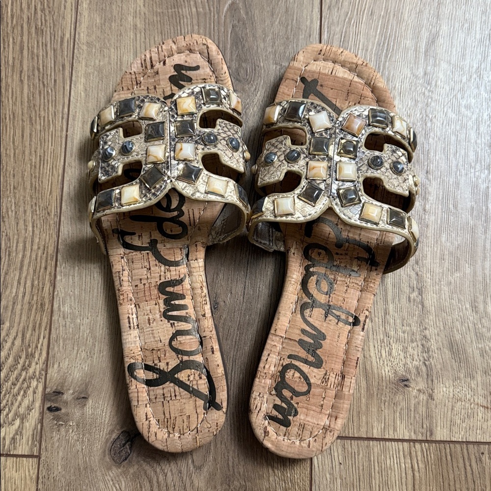 Sam Edelman Bay in Wheats snake pattern GEM Slides with Gemstone Details